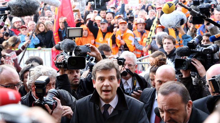 Le ministre Arnaud Montebourg s'est rendu le 27 septembre 2012 &agrave; Florange (Moselle) pour une r&eacute;union avec l&rsquo;intersyndicale du site d&rsquo;ArcelorMittal. (MAXPPP)