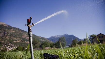 Un arroseur automatique utilisé dans le champ d'une commune des Hautes-Alpes, le 31 juillet 2022. (THIBAUT DURAND / HANS LUCAS / AFP)