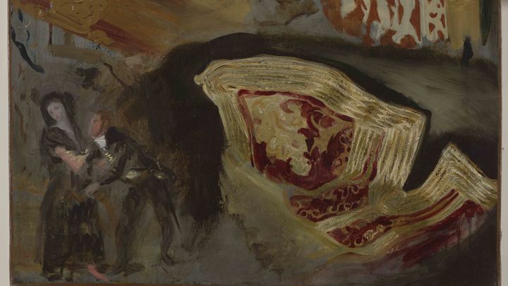 Toile d'Eugène Delacroix - Étude d’après un des Caprices de Goya, deux plats de reliures médiévales et une veste orientale (vers 1825) - Huile sur toile 50 x 61 cm - Paris, musée national Eugène-Delacroix (RMN-Grand Palais (musée du Louvre) / Stéphane Maréchall)