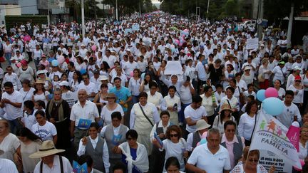 Des centaines de personnes défilent dans les rues de la ville de Guadalajara, au Mexique, le 10 septembre 2016, contre le mariage pour tous. (REUTERS)