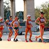 L'Espagnole Maria Perez (au centre) est devenue championne du monde du 20 km marche, à Budapest, le 20 août 2023. (WANG LILI / AFP)