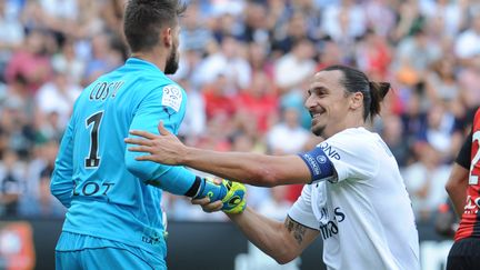 L'attaquant du PSG Zlatan Ibrahimovic (en blanc) se rel&egrave;ve, aid&eacute; du gardien de Rennes Beno&icirc;t Costil, lors du match Rennes-PSG, le 13 septembre 2014.&nbsp; (JEAN-FRANCOIS MONIER / AFP)