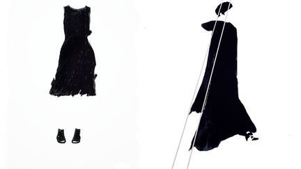 Claude Parent : expossition "Dessiner la mode". Hiver 2016 (un des tout derniers dessins, à gauche) et Impression retravaillée, ligne de feutre argenté, été 2015 (à droite)
 (Dennis Bouchard)