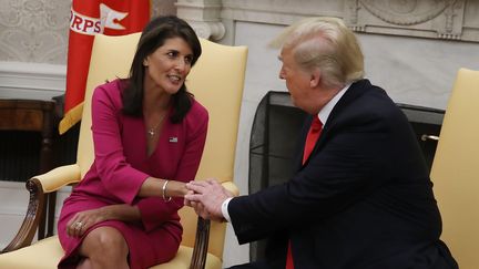 Le président américain, Donald Trump reçoit l'ambassadrice américaine à l'ONU Nikki Haley, qui vient d'annoncer sa démission, le 9 octobre 2018 à la Maison Blanche. (MARK WILSON / GETTY IMAGES NORTH AMERICA / AFP)