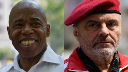 Les candidats à l'élection municipale de New York (Etats-Unis) : le démocrate Eric Adams (à gauche) et le républicain Curtis Sliwa (à droite). (ED JONES / ANGELA WEISS / AFP)