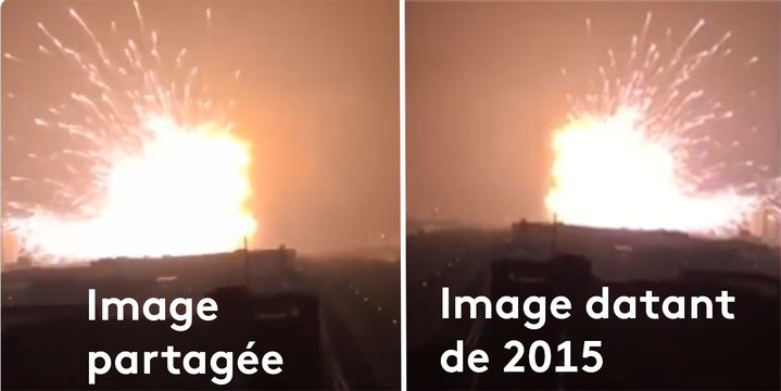 La&nbsp;version de la vidéo présentée comme l'explosion à Rouen (Seine-Maritime), le 26 septembre 2019, est inversée par rapport à celle de Tianjin (Chine) datant de 2015. (CAPTURE ECRAN TWITTER)