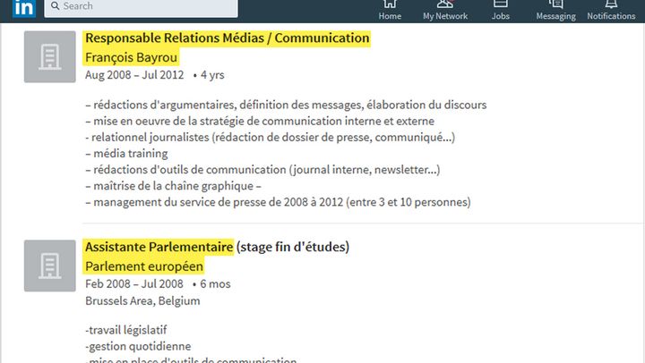 Pauline C. était attachée de presse du MoDem à partir d'août 2008 et détachée auprès de Robert Rochefort au Parlement européen entre novembre 2009 et juillet 2012. (CAPTURE D'ÉCRAN)