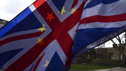 Les&nbsp;drapeaux du Royaume-Uni et de l'Union européenne lors d'une manifestation anti-Brexit, à Londres, le 27 février 2018. (ALBERTO PEZZALI / NURPHOTO / AFP)