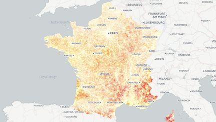 La carte du temps moyen d'accès aux principaux services de la vie courante, selon une étude de l'Insee publiée le 6 janvier 2016. (FRANCETV INFO)