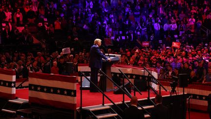 Donald Trump en meeting au Madison Square Garden, le 27 octobre 2024. (MICHAEL M. SANTIAGO / GETTY IMAGES NORTH AMERICA)