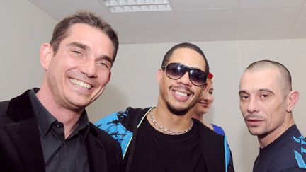 Sébastien Farran (à g.), Joey Starr et Kool Shen, le 13 mars 2008, à Paris. (MIGUEL MEDINA / AFP)