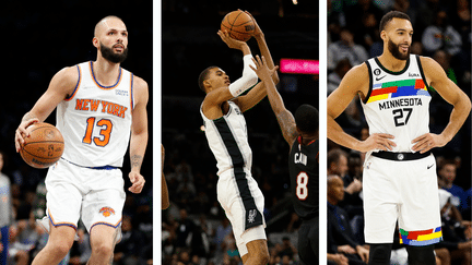 Evan Fournier, Victor Wembanyama et Rudy Gobert, trois des 14 Français présents en NBA en 2023-2024. (AFP)