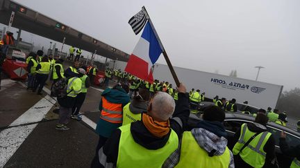 En début&nbsp;de matinée samedi 24 novembre, des "gilets jaunes" étaient&nbsp;présents à la barrière de péage de l'autoroute A7 à Reventin (Isere). (HERVE COSTE / MAXPPP)