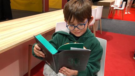 Le petit Louison profite du Salon de littérature jeunesse de Montreuil pour se plonger dans Harry Potter.&nbsp; (Manon Botticelli / Franceinfo Culture)