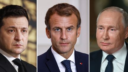 Le président ukrainien,&nbsp;Volodymyr Zelensky, le président français, Emmanuel Macron, et le président russe, Vladimir Poutine.&nbsp; (MAKSIM BLINOV / AFP)