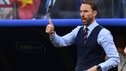 L'entraîneur de l'équipe britannique de football, Gareth Southgate, lors du quart de finale de la Coupe du monde contre la Russie, à&nbsp;Samara, le 7 juillet 2018. (FABRICE COFFRINI / AFP)