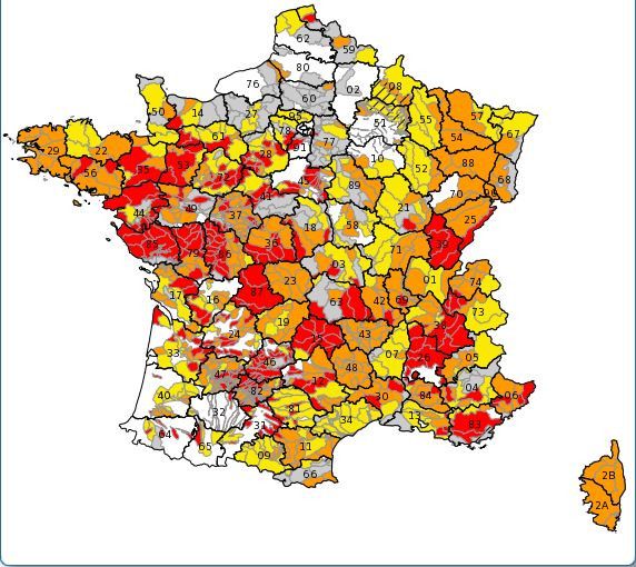 Les seuils d'alerte sécheresse en France au 2 août 2022 selon le site gouvernemental Propluvia, qui répertorie les arrêtés de restriction d'usages de l'eau.&nbsp; (CAPTURE D'ECRAN / PROPLUVIA / FRANCE TELEVISIONS)