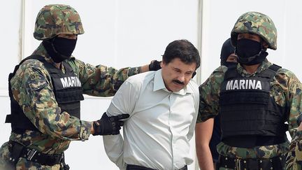 Le baron mexicain de la drogue Joaquin "El Chapo" Guzman entre deux marines&nbsp;mexicains, le 22 f&eacute;vrier 2014 &agrave; Mexico (Mexique). (ALFREDO ESTRELLA / AFP)