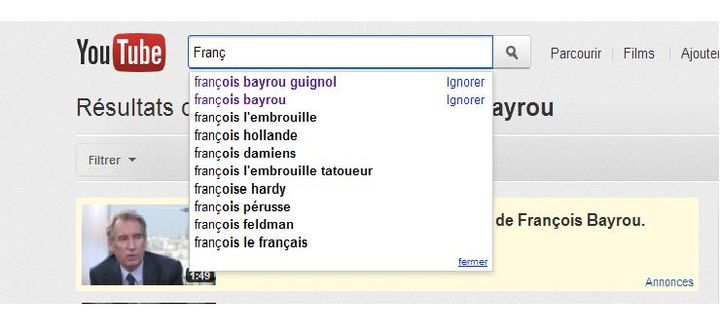 Capture d'écran d'une recherche concernant "François Bayrou" sur Youtube (DR)