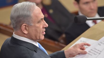  Le Premier ministre israélien Benjamin Netanyahu devant le Congrès américain, à Washington, le 3 mars 2015. (AFP PHOTO / NICHOLAS KAMM)