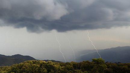 Un orage dans la vallée de Taravo, près de&nbsp;Cognocoli-Monticchi (Corse-du-Sud), le 11 août 2022.&nbsp; (PASCAL POCHARD-CASABIANCA / AFP)