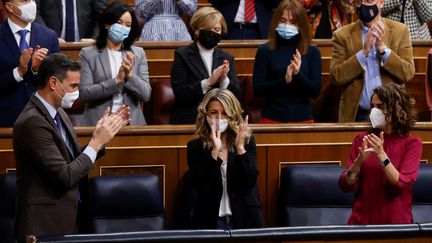 Le Premier ministre Pedro Sanchez après l'adoption de la réforme du travail au Congrès des députés espagnols, le 3 février 2022 à Madrid (Espagne).&nbsp; (JUAN CARLOS HIDALGO / EFE VIA AFP)