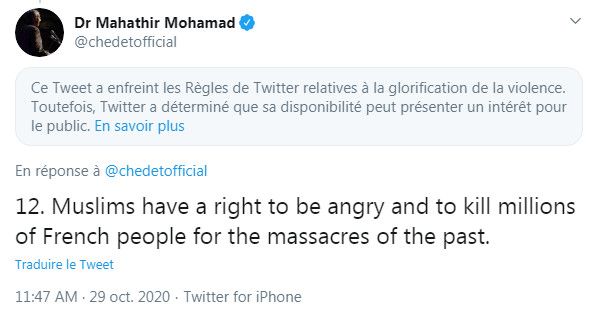 Capture d'écran d'un message de&nbsp;Mahathir Mohamad, ancien Premier ministre de Malaisie, avant qu'il ne soit finalement supprimé par Twitter, le 29 octobre 2020. (TWITTER)