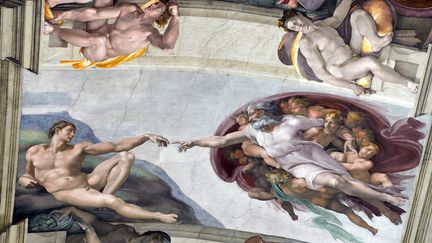 Un pan du plafond de la chapelle Sixtine, au Vatican, montrant "La Cr&eacute;ation d'Adam" de Michel-Ange. (GABRIEL BOUYS / AFP)