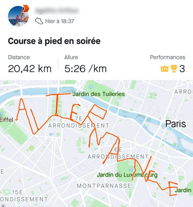 Agathe Le Sommer a tracé les dix lettres du mot "alternance" grâce à un traceur GPS. (AGATHE LE SOMMER (VIA LINKEDIN))