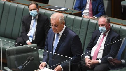 Le Premier ministre australien Scott Morrison au Parlement de Canberra (Australie), le 8 février 2022. (MAXPPP)