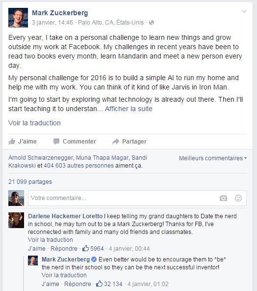 Capture d'écran d'un billet de Mark Zuckerberg et de sa réponse à une internaute, le 4 janvier 2015, sur son compte Facebook.&nbsp; (FACEBOOK)