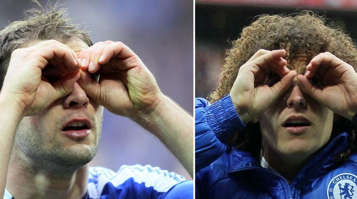 Deux d&eacute;fenseurs de Chelsea : Branislav Ivanovic, qui sera suspendu pour la finale de la Ligue des champions, et David Luiz, qui devrait d&eacute;buter le match. (MONTAGE SIPA)