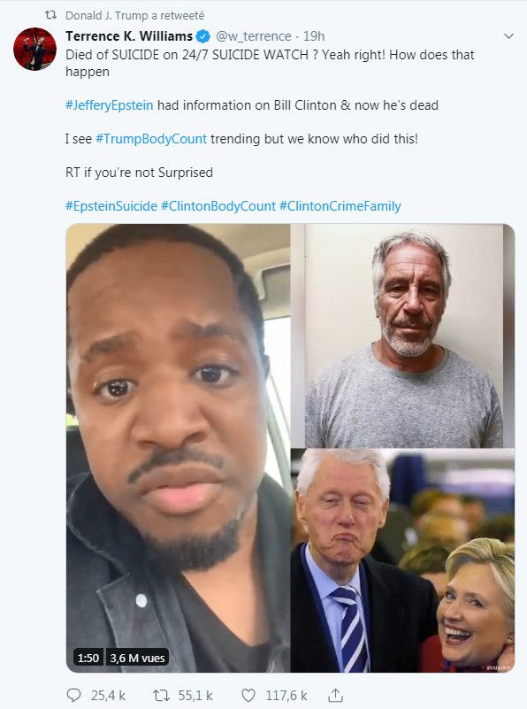 Capture d'écran d'un retweet du président américain Donald Trump. Dans ce message complotiste, posté le 10 août 2019, un internaute fait le lien entre le suicide de Jeffrey Epstein et son ancien ami, Bill Clinton. (DONALD TRUMP / TWITTER)