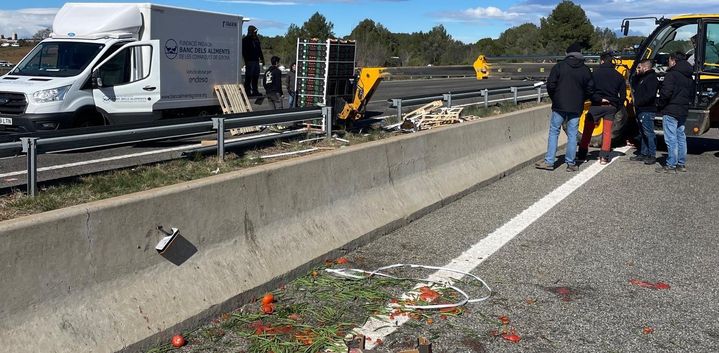 Les agriculteurs mobilisés en Catalogne ont déchargé des fruits et légumes produits au Maroc de certains camions sur l'AP7 en signe de protestation contre la concurrence venant de ce pays. (HENRY DE LAGUÉRIE / FRANCEINFO)