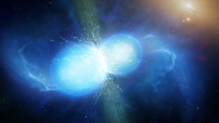 Une représentation graphique de la fusion entre deux étoiles à neutron, observée pour la première fois le 17 août 2017. (MARK GARLICK / SCIENCE PHOTO LIBRA / MGA)