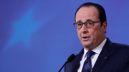 Fran&ccedil;ois Hollande donne une conf&eacute;rence de presse lors du sommet europ&eacute;en du 12 f&eacute;vrier 2015, &agrave; Bruxelles (Belgique).&nbsp; (MAXPPP)