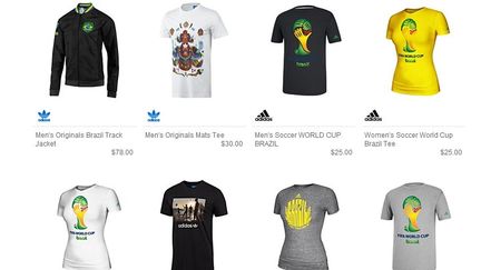 La page d&eacute;di&eacute;e aux tee-shirts commercialis&eacute;s pour la Coupe du monde de football, au Br&eacute;sil, sur le site d'Adidas, mercredi 26 f&eacute;vrier 2014. (ADIDAS.COM )