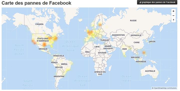 Les&nbsp;utilisateurs des applications détenues par Facebook rencontrent des problèmes de connexion, aux Etats-Unis et en Europe, mardi 20 novembre. (DOWNDETECTOR)