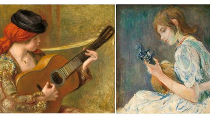 A gauche, Auguste Renoir, "Jeune femme espagnole à la guitare" (1898), Washington, National Gallery of Art, Ailsa Mellon Bruce Collection, 1970 - A droite, Berthe Morisot, "La Mandoline" (1889), Collection particulière
 (A gauche © Washington, National Gallery of Art - A droite © Tous droits réservés / Photo : André Morin)