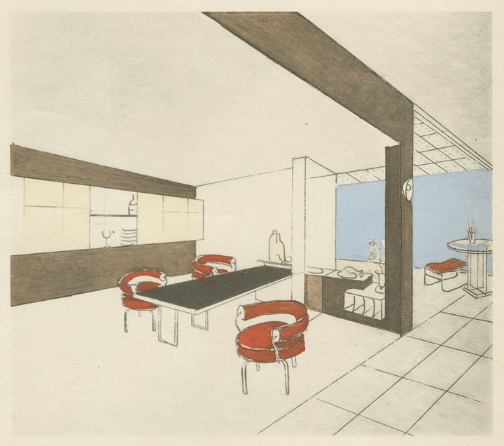 Charlotte Perriand, "Perspective du Bar et de la salle à mangerde la place Saint-Sulpice", 1927, publié dans : Francis Jourdain, "L’Art international d’aujourd’hui", volume no 6 consacré aux intérieurs, planche 40 Paris, Charles Moreau, 1929 (© Adagp, Paris, 2019 © AChP)