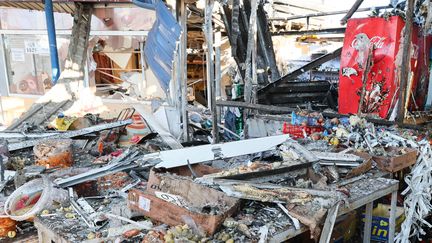 A market stall in Donetsk, a large Russian-occupied city in eastern Ukraine, after a bombing, January 21, 2024. (DMITRY YAGODKIN / TASS / SIPA USA)