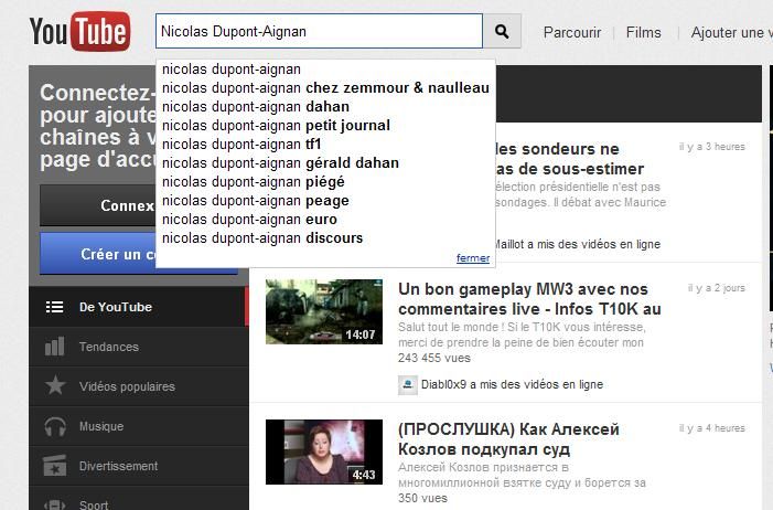 Capture d'écran des recherches Youtube pour Nicolas Dupont-Aignan. (DR)