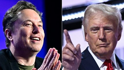 Elon Musk, à gauche, doit interviewer le candidat à l'élection présidentielle américaine Donald Trump, à droite, en direct sur X dans la soirée du 12 août. (FREDERIC J. BROWN,BRENDAN SMIALOWSKI / AFP)