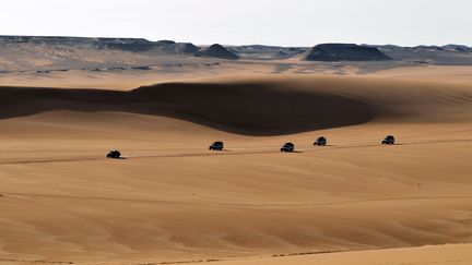 Des v&eacute;hicules parcourent le d&eacute;sert, le 24 mars 2014, dans la r&eacute;gion de Gilf El-Kebir, dans le sud-ouest de l'Egypte. (MATTHIAS TOEDT / ZB / AFP)