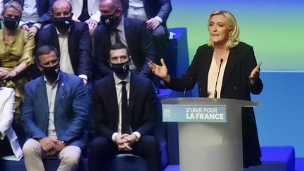 Marine Le Pen, le 4 juillet 2021, à Perpignan. (RAYMOND ROIG / AFP)