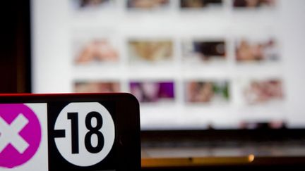 Un écran sur lequel est affiché les vidéos d'un site pornographique avec à côté un logo interdit aux moins de 18 ans, le 6 septembre 2022. (THIBAUT DURAND / HANS LUCAS / AFP)