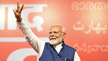 Narendra Modi, le Premier ministre indien, revendique sa troisième victoire après les élections législatives, le 4 juin 2024. (MONEY SHARMA / AFP)