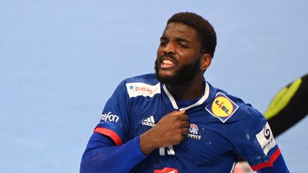 Le Français Dika Mem durant la rencontre de l'Euro de handball face au Danemark, le 26 janvier 2022. (ATTILA KISBENEDEK / AFP)