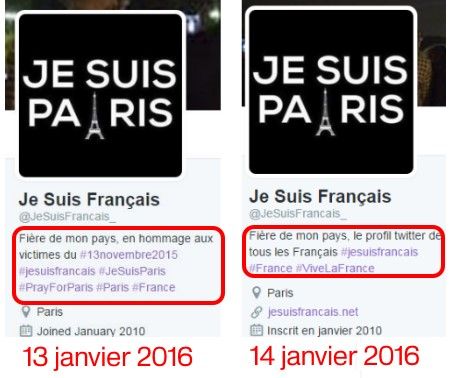 Présentation du compte Twitter "JeSuisFrancais_", avant et après notre appel à son responsable. (TWITTER / FRANCETV INFO)