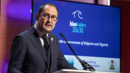 Le ministre belge de la Justice, Vincent Van Quickenborne, lors d'un discours en marge de la 77e session de l'Assemblée générale des Nations unies à New York, aux États-Unis, le 21 septembre 2022. (NICOLAS MAETERLINCK / BELGA MAG / AFP)